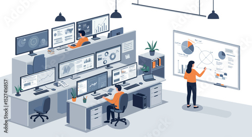 Collaborative office environment with team analyzing data and presenting strategies vector illustration