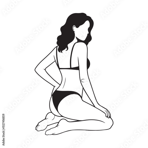 Modern feminine bikini pose sketch of a woman sitting gracefully in side view