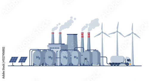 Renewable energy transition with hydrogen plant, wind turbines, and solar panels vector illustration