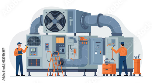 Industrial hvac maintenance and repair with technicians working on large equipment for climate control efficiency vector illustration