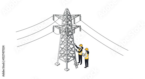Engineers inspecting high voltage power line tower for maintenance and safety vector illustration