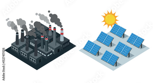 Contrast between polluting factories and clean energy solar panels for environmental awareness vector illustration
