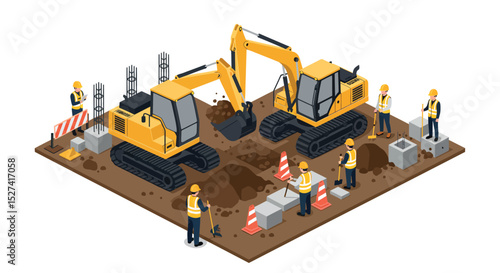 Construction site with excavators and workers in safety gear vector illustration