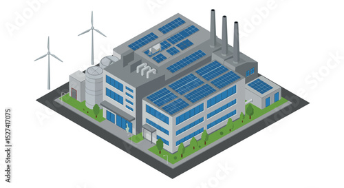 Modern eco-friendly factory with solar panels and wind turbines for sustainable energy solutions vector illustration