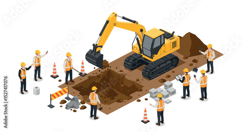 Construction site with excavator and workers in safety gear for urban development projects vector illustration