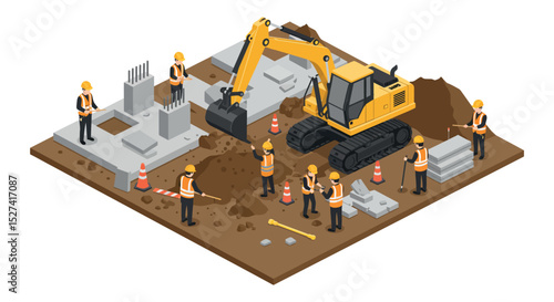 Construction site illustration with excavator and workers in safety gear vector illustration