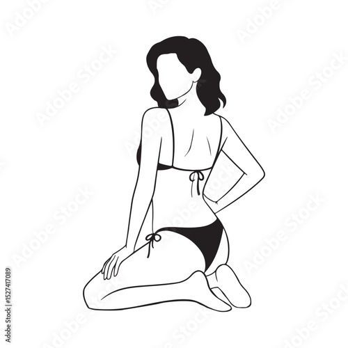 Elegant bikini line art of a woman in back pose sitting on her knees