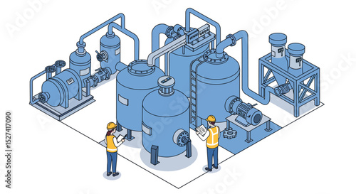 Industrial engineers analyzing machinery in power plant facility layout design vector illustration