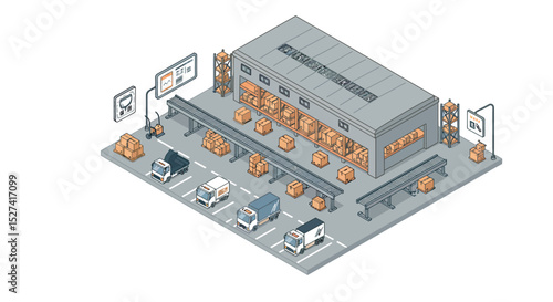 Efficient logistics and distribution center with delivery vehicles and conveyor system vector illustration
