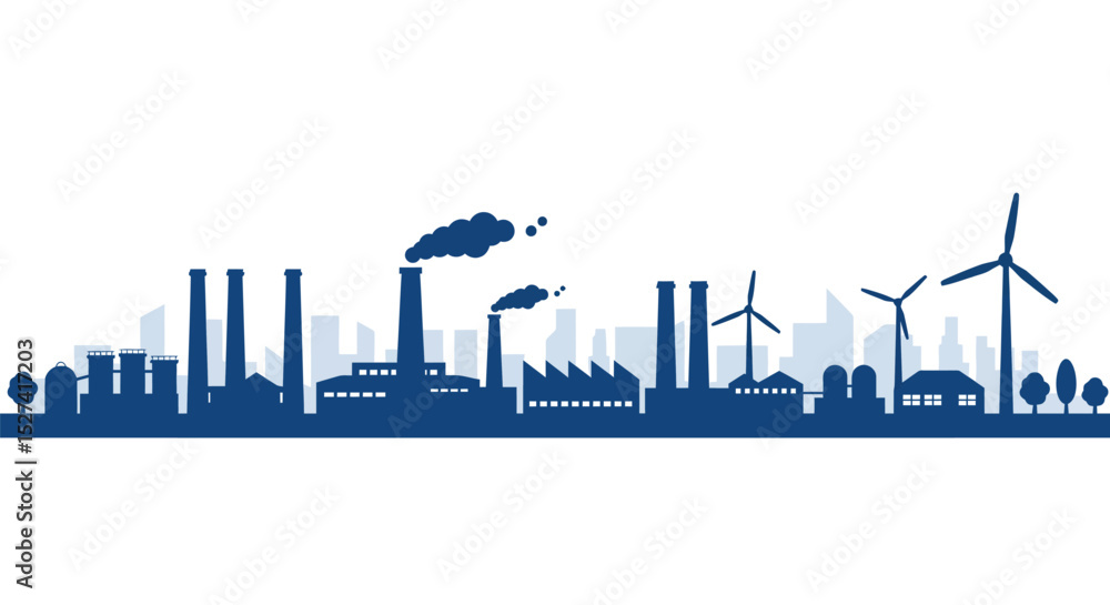 Fototapeta premium Industrial and sustainable energy landscape silhouette with factories and wind turbines vector illustration
