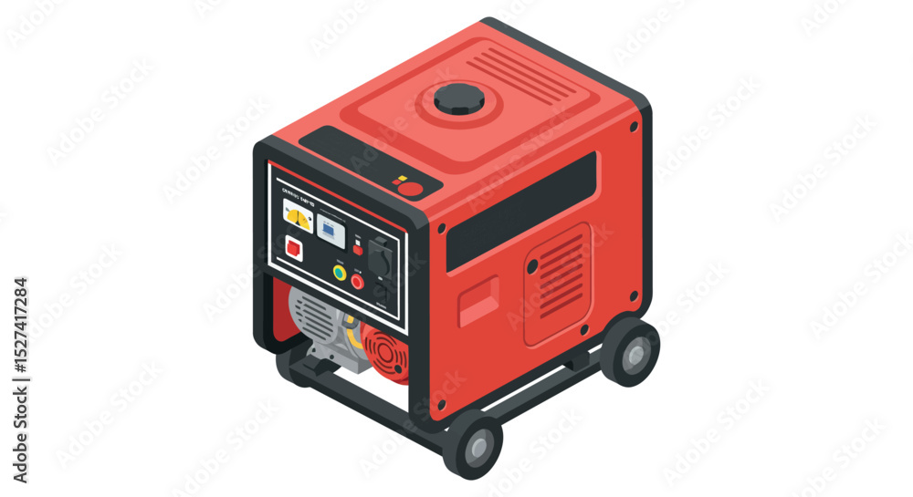 Fototapeta premium Portable red generator isometric design for energy supply and emergency use vector illustration