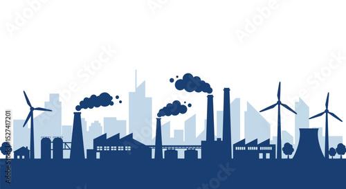 Urban and industrial skyline with wind turbines and factories depicting environmental contrast vector illustration