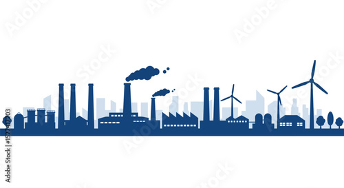 Industrial and sustainable energy landscape silhouette with factories and wind turbines vector illustration