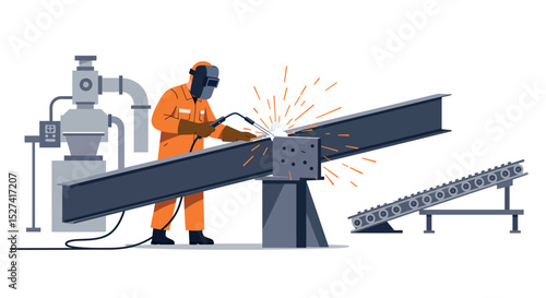 Industrial welding scene with worker in protective gear at metalwork facility vector illustration