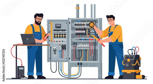Electrical technicians working on circuit breaker panel setup for maintenance and safety vector illustration