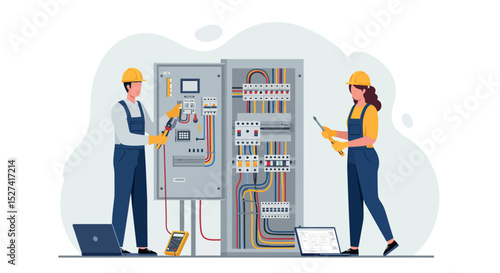 Electrical engineers working on control panel safety inspection vector illustration
