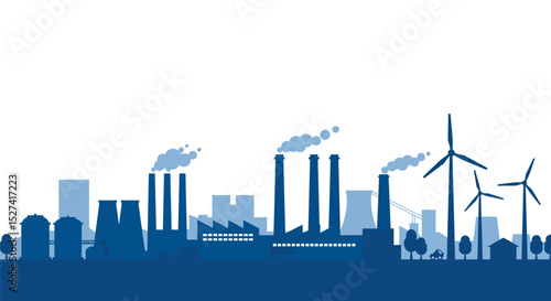 Sustainable energy and urban industry landscape with factories and wind turbines vector illustration