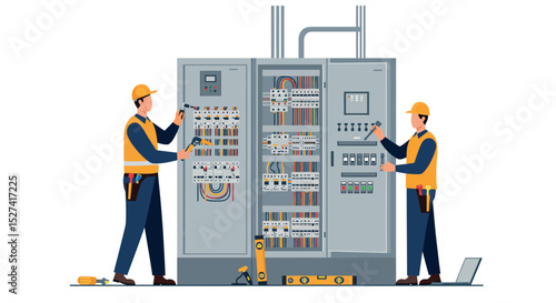 Electrical engineering team working on industrial control panel for maintenance and safety vector illustration