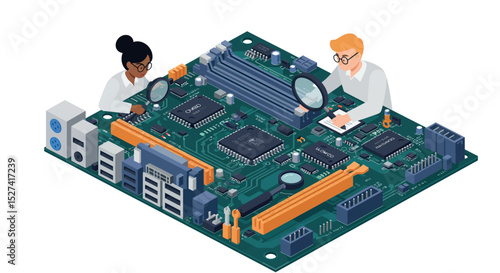 Engineers analyzing computer motherboard components in technology concept design vector illustration