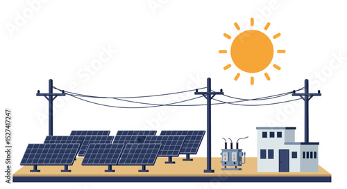 Solar energy farm with panels and substation under sun - renewable energy concept vector illustration