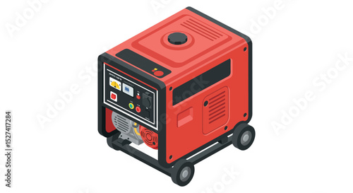 Portable red generator isometric design for energy supply and emergency use vector illustration