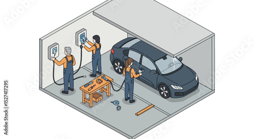 Electric car maintenance and charging in garage workshop setting vector illustration