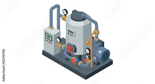 Isometric industrial boiler system with pressure gauge and control panel for engineering and manufacturing design vector illustration