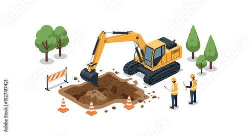 Construction site with excavator and workers preparing for digging project vector illustration
