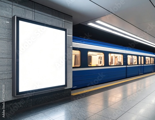 Subway Train at Station with Blank Advertisement Billboard