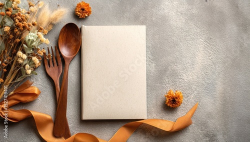 Autumnal recipe book, wooden utensils, dried flowers