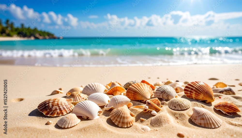 Seashells on Sandy Beach with Turquoise Ocean Seashells on Sandy Beach with Turquoise Ocean