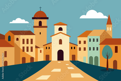 Charming Italian Village A picturesque town square illustration