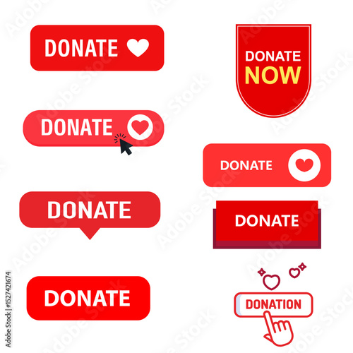 Set of red donate web buttons with heart icons. Isolated symbols representing charity, giving, and financial support.