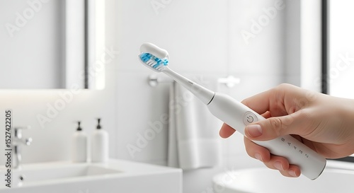 Close-up of a woman's hand holding a sleek white electric toothbrush with blue bristles toothpaste applied ready for use in a bright modern bathroom