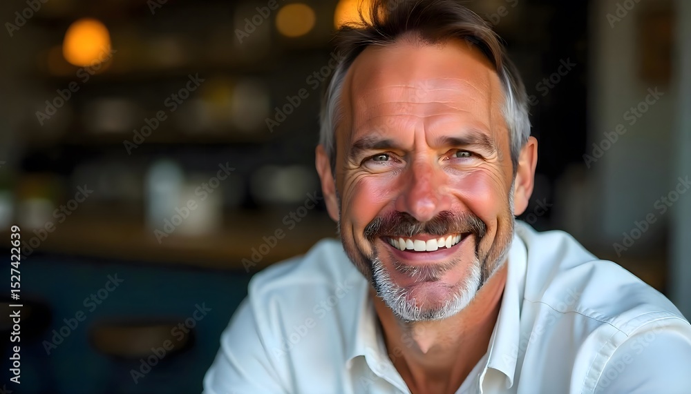 Obraz premium Mature Man with Beard Smiling in Bright Indoor Setting 