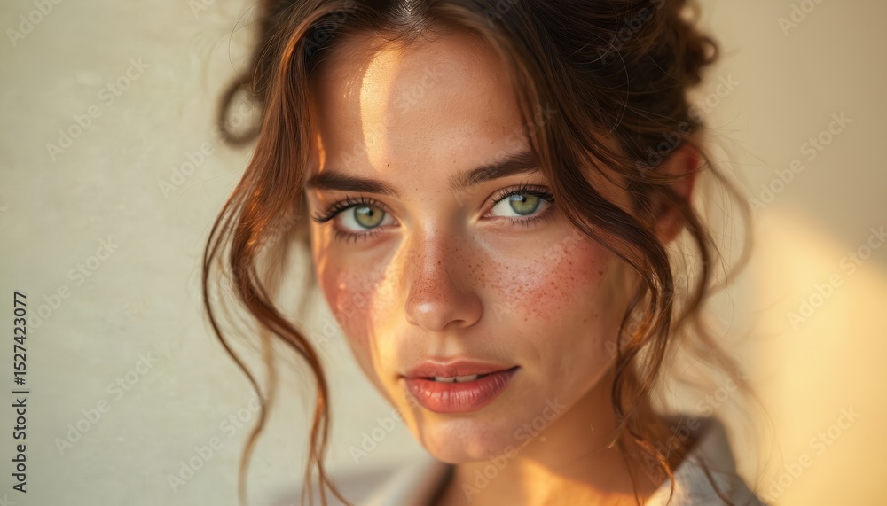 Portrait young woman with green eyes freckles. Female model with natural makeup, soft sun light, beautiful wavy hair. Clear skin, fresh look, smiling lips. Beauty portrait, skin care. Portrait young woman with green eyes freckles. Female model with natural makeup, soft sun light, beautiful wavy hair. Clear skin, fresh look, smiling lips. Beauty portrait, skin care.
