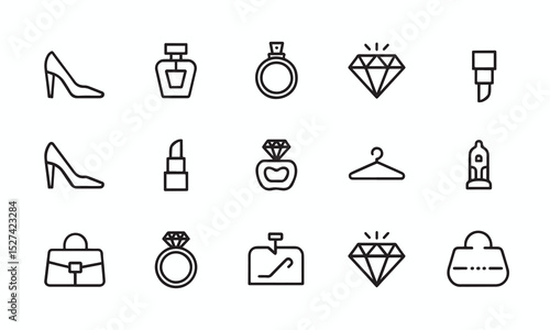 Elegant Fashion Icon Set  Stylish Line Drawings of Shoes Bags Perfume Lipstick and Jewelry Perfect for Website or App Design