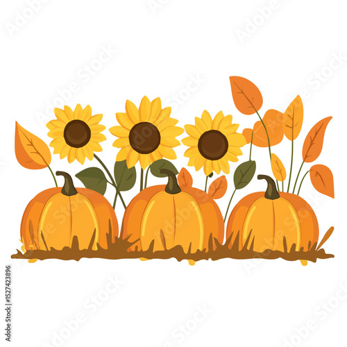 2D flat vector illustration of Pumpkin Patch With Sunflowers, isolated on a white background.