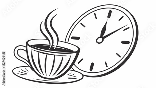 Stylized Coffee Cup with Steam and Clock Illustration in Black and White
