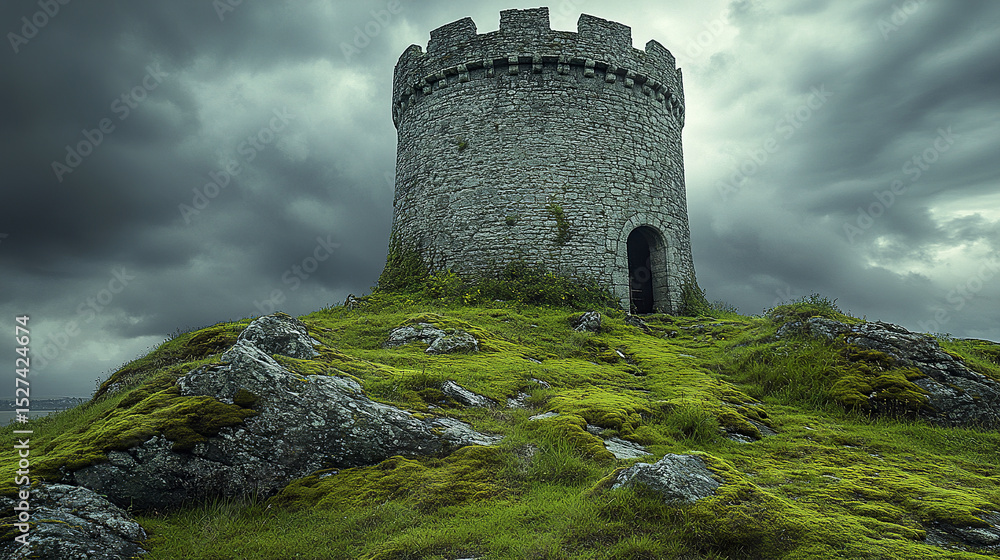 round stone watchtower stands against stormy skies, surrounded by lush moss and rocky terrain round stone watchtower stands against stormy skies, surrounded by lush moss and rocky terrain