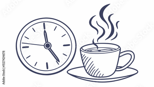 Hand-drawn illustration of a clock and a steaming cup of coffee