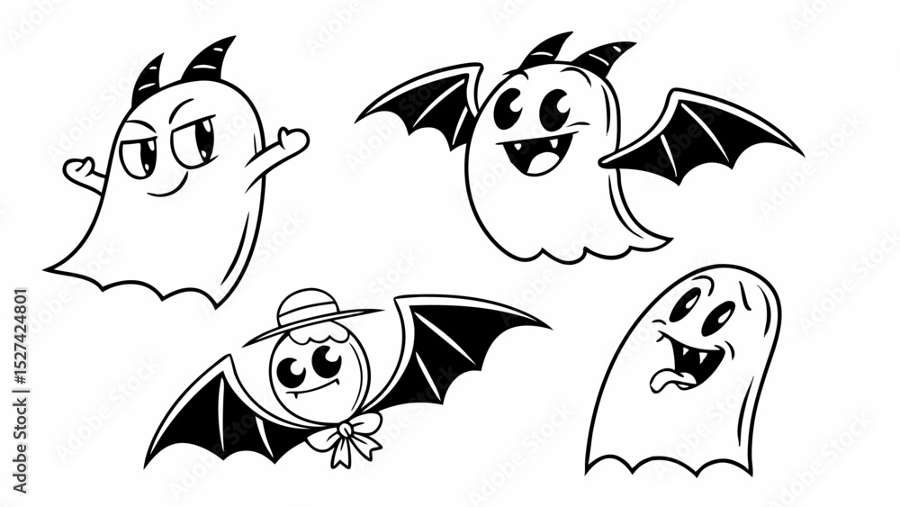 Fototapeta premium Cartoon Halloween Ghosts and Ghost-Bats in Black and White Outline