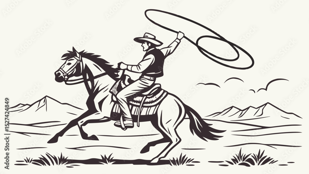 custom made wallpaper toronto digitalCowboy riding horse with lasso, monochrome illustration of western scene
