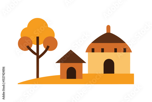 Desert hut and two trees in serene dry landscape vector art illustration