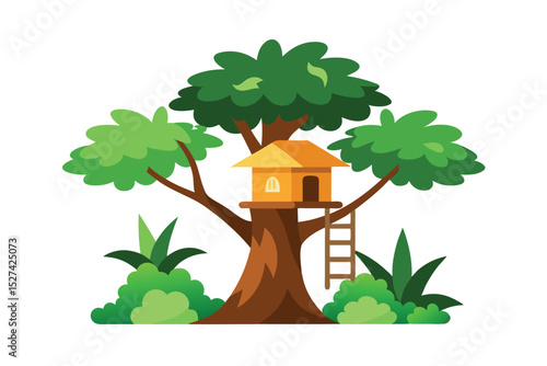 Natural treehouse and jungle scene in wild foliage vector art illustration