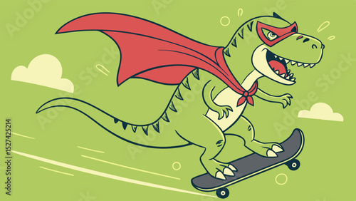 Cartoon Tyrannosaurus Rex Superhero Riding a Skateboard