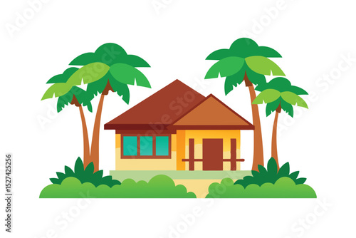 Tropical bungalow and trees in exotic peaceful setting vector art illustration