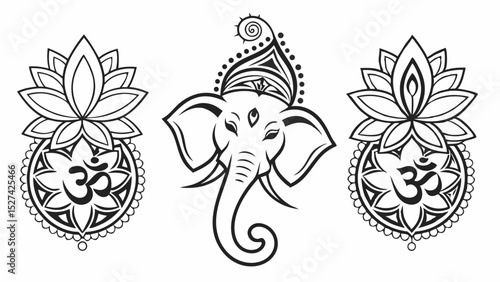 Intricate Black and White Illustration of Lord Ganesha and Lotus Flowers