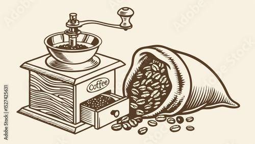 Vintage Coffee Grinder and Bag of Roasted Coffee Beans