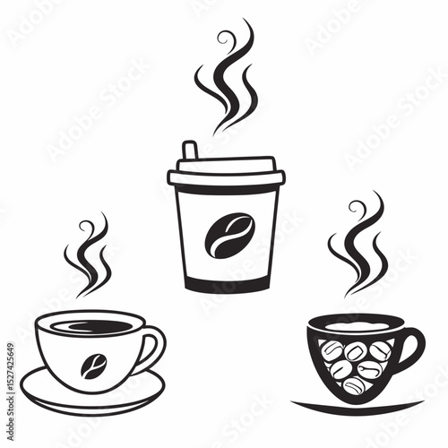 Three Stylized Coffee Cups and Take Away Container